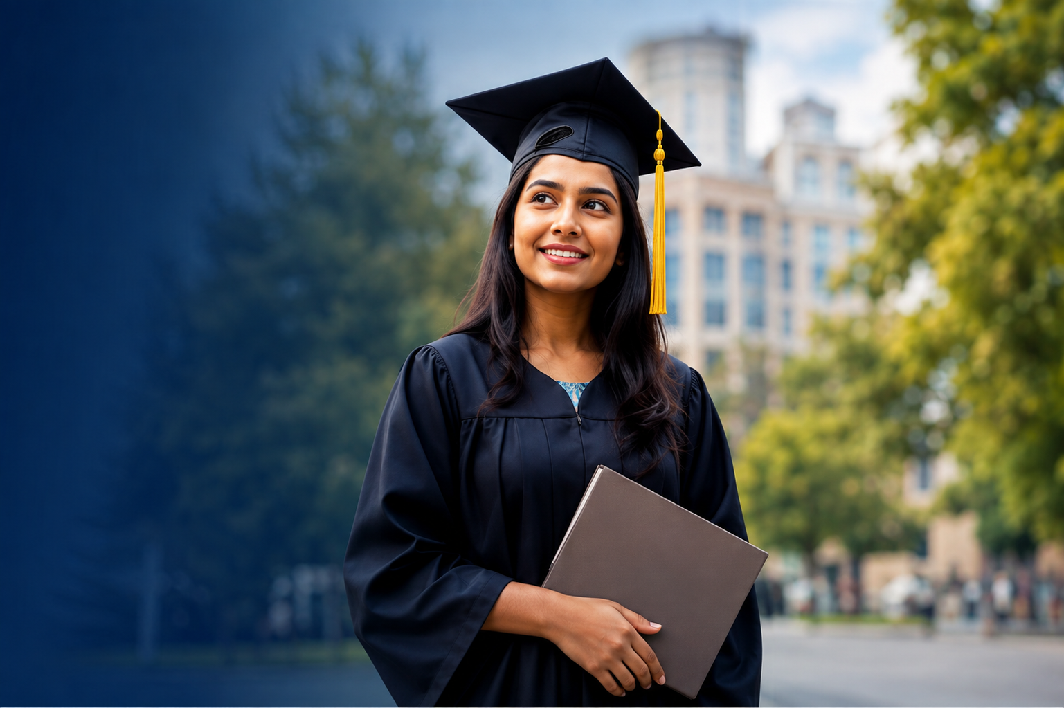 Graduate student in cap and gown holding a folder
